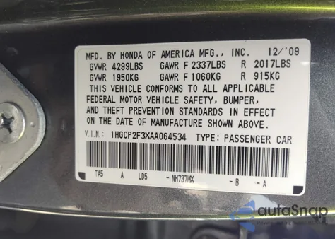 2010 Honda Accord 2.4 Lx z USA, uszkodzony, nr VIN 1HGCP2F3XAA064534
